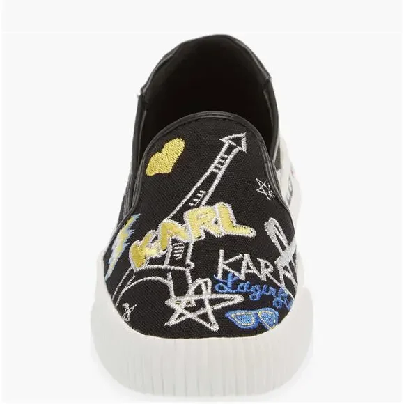 Karl Lagerfeld Paris Jazlyn Slip On Sneakers Size 8 Black Embroidered Graffiti - Picture 2 of 16